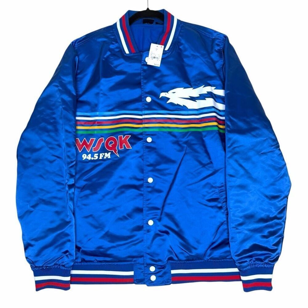 NEW Stranger Things WSQK 94.5 FM Satin Bomber Jacket Blue Retro Snap Front Large